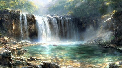 Serene Waterfall in Lush Forest Landscape