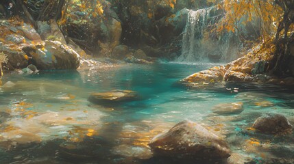 Serene Waterfall in Lush Forest Pool