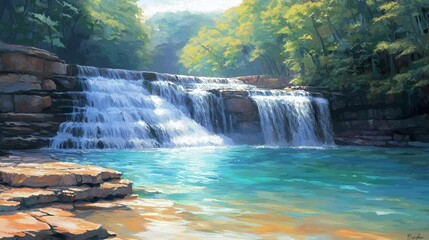 Serene Waterfall in Lush Forest Landscape