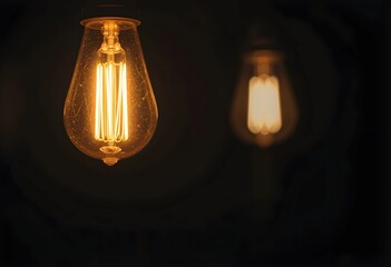 A glowing filament lightbulb against a dark background. Warm light contrasts with shadows, highlighting its vintage design. A simple, striking composition with an atmospheric feel.