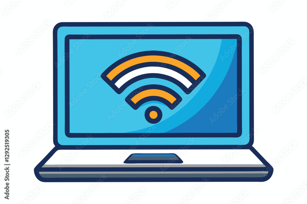 Poster laptop displaying wi-fi signal icon with vibrant colors against a blue background, illustrating conn