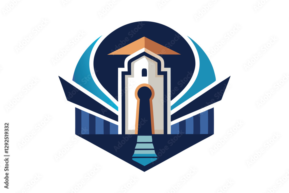 Poster Modern architectural design featuring a stylized keyhole and geometric shapes representing security and innovation in a vibrant color palette