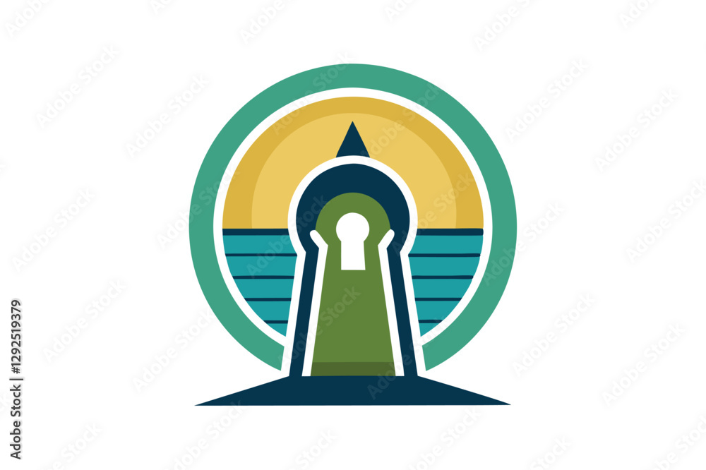 Poster Modern architectural design featuring a stylized keyhole and geometric shapes representing security and innovation in a vibrant color palette