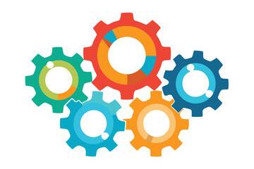 Colorful gears intersecting to illustrate teamwork and collaboration in mechanical engineering or design