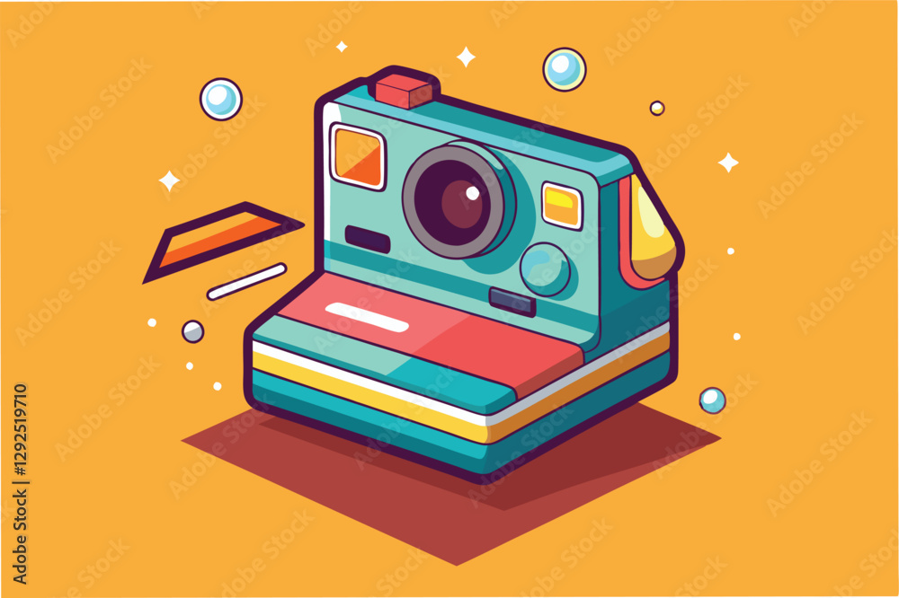 Poster colorful retro camera illustration showcasing a playful design with geometric shapes in a vibrant ba