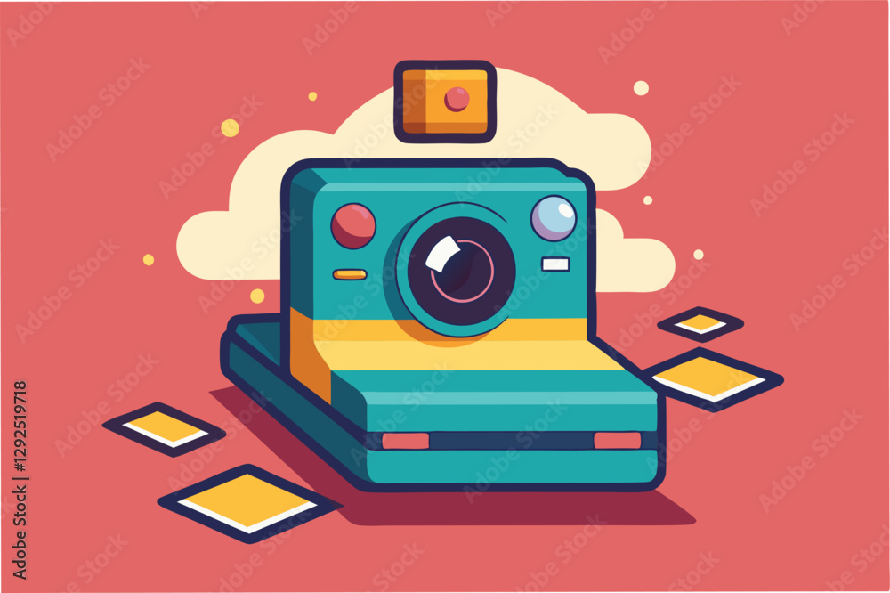 Poster colorful retro camera illustration showcasing a playful design with geometric shapes in a vibrant ba