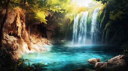 Serene Waterfall in Lush Green Forest