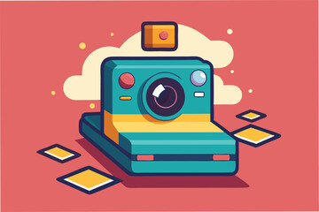 Fototapeta premium Colorful retro camera illustration showcasing a playful design with geometric shapes in a vibrant backdrop, capturing the essence of nostalgia in photography