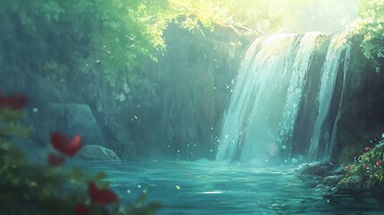 Serene Waterfall in Lush Green Forest Sunlight Landscape