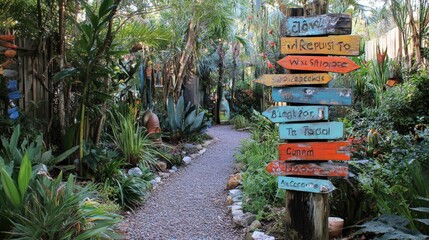 Whimsical Hand-Painted Signpost in Nature