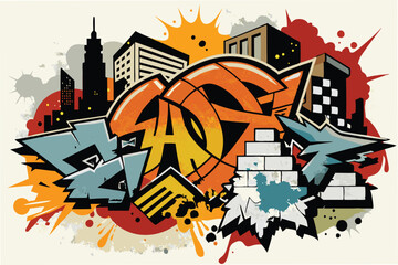 Creative basketball-themed graffiti art featuring vibrant colors and urban elements set against a city skyline backdrop