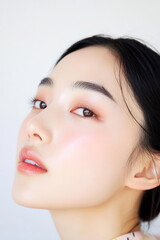 Fototapeta premium Close-up portrait of a young woman gently applying a moisturizing cosmetic cream on her face, enhancing her natural beauty and promoting healthy skincare