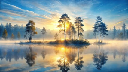 Obraz premium Serene Sunrise Over Misty Lake with Silhouetted Trees Reflecting in Calm Water