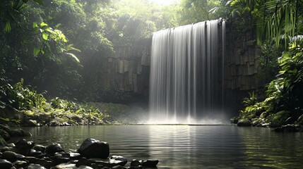Serene Waterfall in Lush Tropical Forest