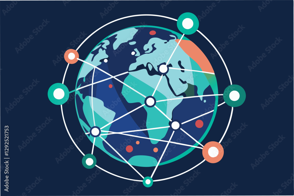 Poster visual representation of global connectivity through technology highlighting diverse continents and 