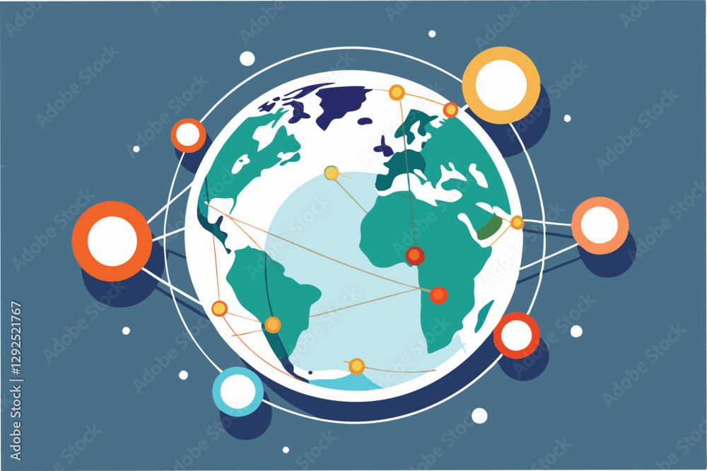 Poster visual representation of global connectivity through technology highlighting diverse continents and 