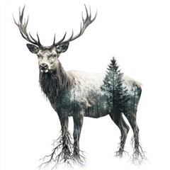 Obraz premium Majestic stag with a forest silhouette, merging nature and wildlife in a stunning artistic representation for creative projects
