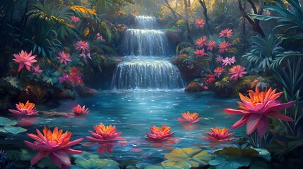 Serene Waterfall in Lush Tropical Jungle with Pink Lotus Flowers