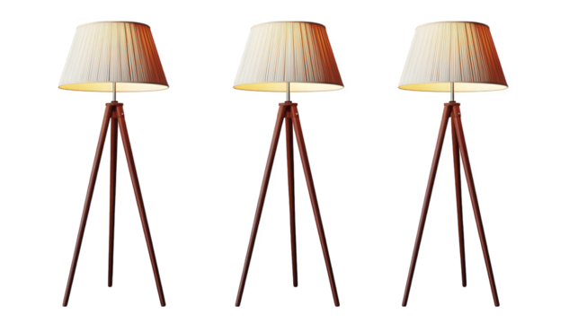 three stylish floor lamps with a modern design. each mounted on a tripod base made of wood the lampshades are pleated. providing a soft. diffused light that enhances interior spaces these lamps serve
