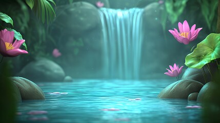 Serene Waterfall in Lush Tropical Jungle with Pink Lotus Flowers