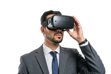 businessman experiencing virtual reality while using vr headset, transparent PNG, isolated, cut-out