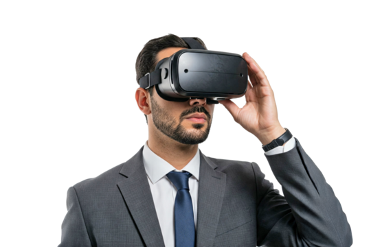 businessman experiencing virtual reality while using vr headset, transparent PNG, isolated, cut-out - Powered by Adobe