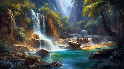 Serene Waterfall Landscape in Lush Forest