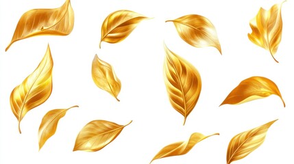Golden leaves falling on a white background. Detailed illustration of various gold leaves in motion.