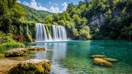 Serene Waterfall Landscape in Lush Green Forest