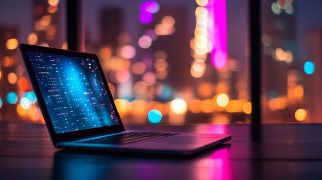 Modern technology background featuring a laptop with blurred city night lights, showcasing a futuristic digital work environment and innovation concept for business, remote work, and tech-themed desig