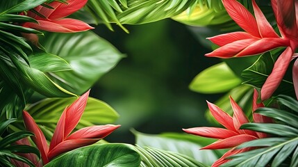 Vibrant Red Tropical Flowers and Lush Green Leaves Frame