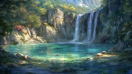 Serene Waterfall Landscape in Lush Green Forest