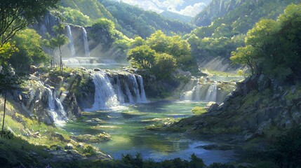 Serene Waterfall Landscape in Lush Green Valley