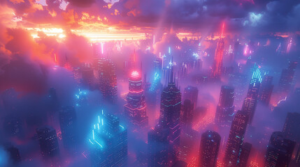Obraz premium A voxel art scene of a futuristic city skyline, with towering neon-lit skyscrapers, a vibrant mix of blue and purple hues, scattered clouds in a digital sky, reflections on glass surfaces, low-poly fi