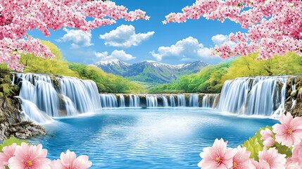 Serene Waterfall Landscape with Cherry Blossoms and Mountains