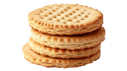 a stack of three round. golden-brown biscuits with a textured surface. characterized by a grid pattern these biscuits are likely designed for snacking or pairing with beverages. making them a popular