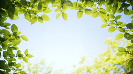 Bright Green Leaves Frame Blue Sky Sunlight
