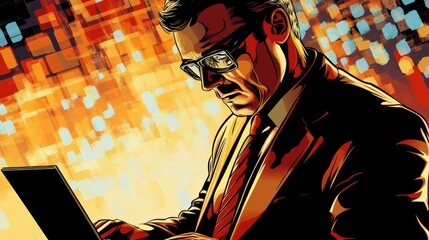  Modern businessman working on laptop in futuristic office setting with digital interface holograms and high-tech elements, representing innovation, technology, and corporate success in a smart workpl