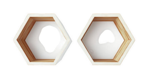 two hexagonal shelves. one slightly overlapping the other. showcasing a modern design with a combination of white exteriors and wooden interiors these shelves are ideal for decorative purposes or stor