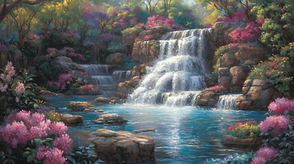 Serene Waterfall Landscape with Pink Flowers and Lush Greenery