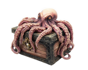 terrifying kraken emerging from treasure chest, its tentacles wrapping around edges, creating sense of danger and intrigue. creature eyes are menacing, adding to dramatic scene