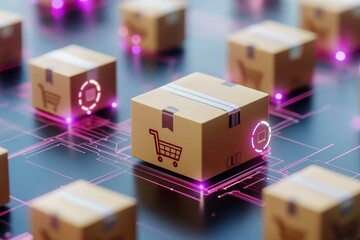 Modern delivery boxes on a digital network, symbolizing e-commerce and logistics.