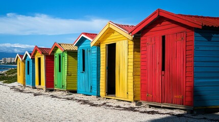 Vibrant Beach Huts Lining Sandy Shore on a Sunny Day