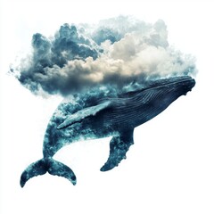 Obraz premium Majestic blue whale swimming through ocean clouds with dramatic sky, representing surreal perspective and marine beauty