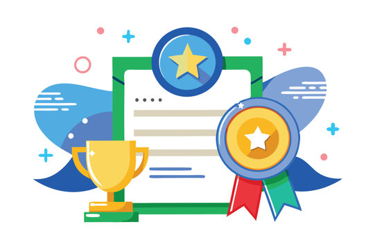 Certificates and awards displayed with colorful ribbons, representing achievements in education or professional excellence - Powered by Adobe