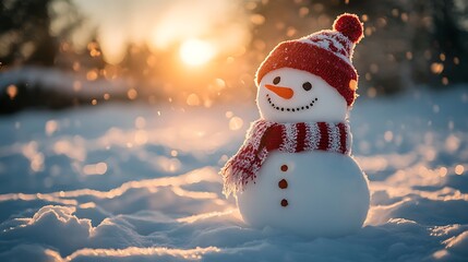 Snowman in winter sunset