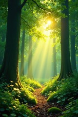 Golden sunlight filters through emerald canopy, illuminating dappled forest floor , trees, outdoor