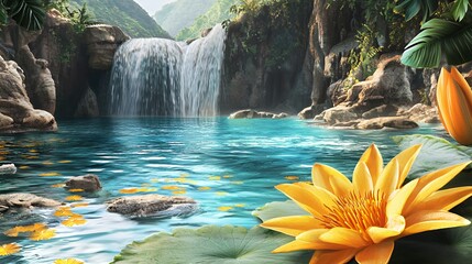 Serene Waterfall Pool with Yellow Flower in Lush Tropical Landscape