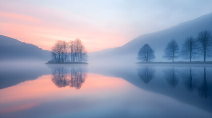 Fototapeta premium Radiant Dawn: Serene Lakeside At Sunrise Illuminates Sky With Ethereal Light Reflecting On Tranquil Waters