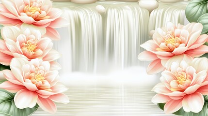 Serene Waterfall Scene with Pink Flowers and Soft Lighting